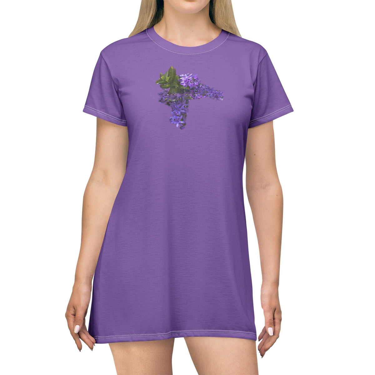 Purple Floral T-Shirt Dress — Lilac Blossom All-Over Print