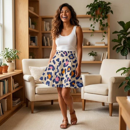 Leopard Print Skater Skirt — Colorful Neutral Animal Print Flared Skirt